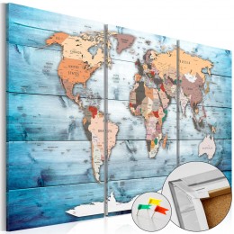 Tableau en liège triptyque Carte du monde voyages saphir