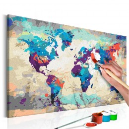 Tableau à peindre par soi-même Carte du monde bleue et rouge