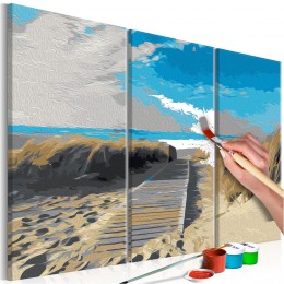 Tableau à peindre par soi-même 3 panneaux Plage ciel bleu