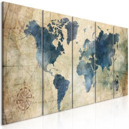 Tableau 5 panneaux Carte du monde vintage bleu marron