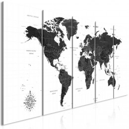 Tableau 5 panneaux Carte du monde noir blanc