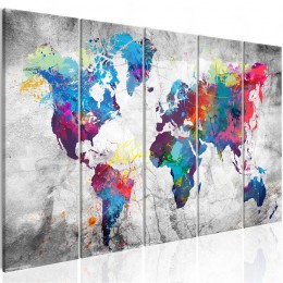 Tableau 5 panneaux Carte du monde effet peinture déversée