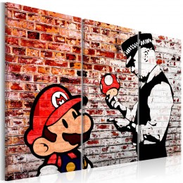 Tableau 3 panneaux Mario Bros mur de briques style Bansky