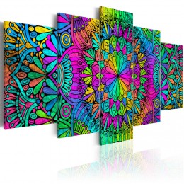 Tableau 5 panneaux imprimé Mandala motif plume de paon