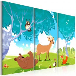 Tableau 3 panneaux imprimé déco enfant animaux dans la forêt