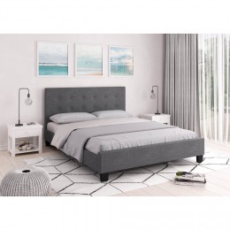 Cadre de lit avec tête de lit et sommier à lattes en tissu gris foncé