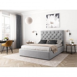 Cadre de lit avec coffre et tête de lit capitonné en tissu gris clair