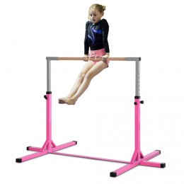 Barre fixe de gymnastique enfant - barre de gymnastique hauteur réglable 13 niveaux 92 à 150 cm - acier rose bois massif hêtre