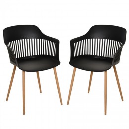 Lot de 2 chaises style néo-rétro accoudoirs coque polypropylène noir 4 pieds effilés métal imitation bois