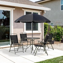 Ensemble salon de jardin 6 pcs - table ronde + 4 chaises pliables + parasol - acier époxy café textilène polyester noir