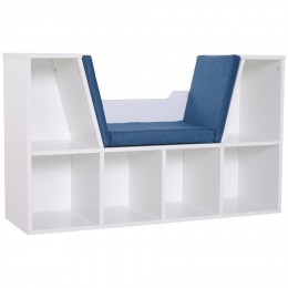 Bibliothèque banc 2 en 1 design contemporain 6 casiers 3 coussins fournis 102L x 30l x 61H cm blanc bleu