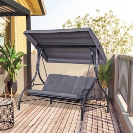 Balancelle de jardin 3 places convertible inclinaison toit réglable matelas grand confort rembourrage 8 cm fourni gris métal époxy noir