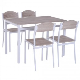 Table de salle à manger avec 4 chaises style contemporain acier blanc MDF coloris bois de chêne