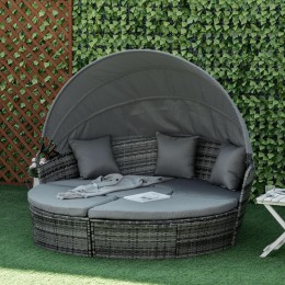 Lit canapé de jardin modulable grand confort pare-soleil pliable 5 coussins 3 oreillers 180L x 175l x 147H cm résine tressée polyester gris