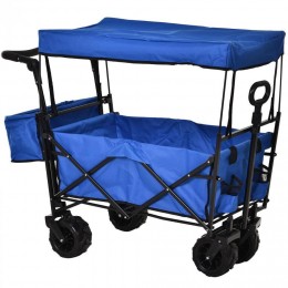 Chariot pliant avec toit, poignée, panier - chariot de plage - chariot de transport pliable tout-terrain métal noir oxford bleu