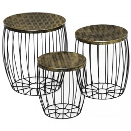 Lot de 3 tables basses gigognes tables d'appoint rondes encastrables style néo-rétro métal noir doré