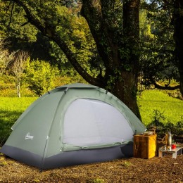 Tente de camping 2 personnes dim. 206L x 152l x 110H cm - portes zippée, poche rangement sac de transport inclus - fibre verre polyester Oxford gris vert