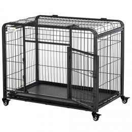 Cage pour chien pliable cage de transport sur roulettes 2 portes verrouillables plateau amovible dim. 94L x 58l x 69H cm métal gris noir