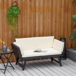 Canapé lit de jardin extensible 3 places grand confort 4 coussins écru inclus résine tressée imitation rotin noir