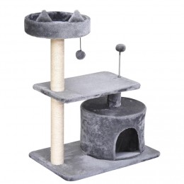Arbre à chats griffoir sisal naturel centre d'activités niche plateformes jeu boule suspendue et à ressort gris