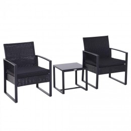 Salon de jardin 2 places 3 pièces 2 chaises avec coussins + table basse plateau verre trempé résine tressée 4 fils imitation rotin noir