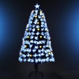 Sapin de Noël artificiel lumineux fibre optique LED + 20 ampoules + support pied Ø 63 x 120H cm 130 branches étoile sommet brillante vert