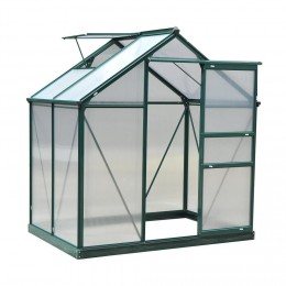 Serre de jardin aluminium polycarbonate 2,51 m² dim. 1,9L x 1,32l x 2,01H m lucarne, porte coulissante + fondation incluse alu. vert polycarbonate transparent