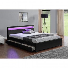 Structure de lit en simili noir avec rangements et LED intégrées - 140x190 cm