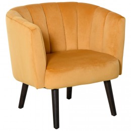 Fauteuil lounge design dim. 79L x 66P x 79H cm pieds inclinés effilés bois hévéa velours moutarde
