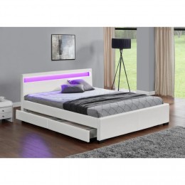 Structure de lit en simili blanc avec rangements et LED intégrées - 140x190 cm