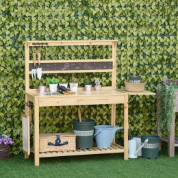 Table de rempotage jardinage - 2 étagères, tiroir, tablette rabattable, 8 crochets, évier, tamis, tableau noir - bois sapin