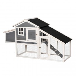Poulailler cottage cage à poules surélevé dim. 176L x 65l x 100H cm multi-équipement toit bitumé noir bois sapin gris blanc