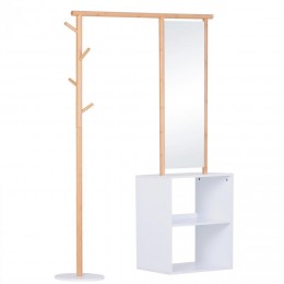 Porte-manteaux meuble d'entrée vestiaire penderie avec miroir 4 patères 2 niches dim. 100L x 34l x 164H cm MDF blanc bois massif bambou