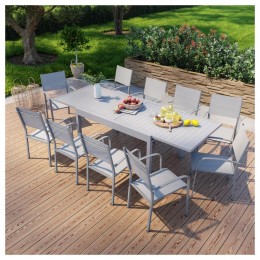 Table de jardin extensible en aluminium 270cm + 10 fauteuils empilables textile gris - MILO 10