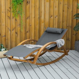 Chaise longue fauteuil berçant à bascule transat bain de soleil rocking chair en bois charge 120 Kg gris