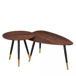 Lot de 2 tables basses gigognes style art déco pieds effilés inclinés métal noir extrémités doré plateaux MDF aspect teck foncé