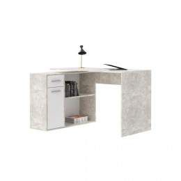 Bureau d'angle ISOTTA avec meuble de rangement décor béton et blanc mat