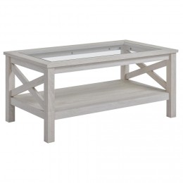 Table basse rectangulaire dim. 100L x 55l x 45H cm étagère plateau verre trempé MDF aspect bois gris clair