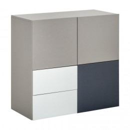 Buffet 2 tiroirs coulissants 3 portes panneaux particules tricolore gris clair, foncé et blanc