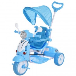 Tricycle enfants évolutif canne, pare-soleil pliable amovible effets lumineux sonores métal blanc PP polyester bleu