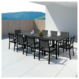 HARA XL - Table de jardin extensible aluminium 140/280cm + 10 fauteuils textilène Noir
