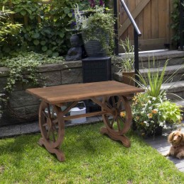 Table basse de jardin style rustique chic piètement roues charette bois sapin traité carbonisation