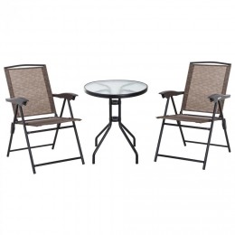 Ensemble de jardin 3 pièces 2 chaises inclinables multi-positions pliables + table ronde verre trempé métal époxy textilène chocolat