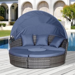 Lit canapé de jardin modulable grand confort pare-soleil pliable 5 coussins 3 oreillers 180L x 175l x 147H cm résine tressée grise polyester bleu
