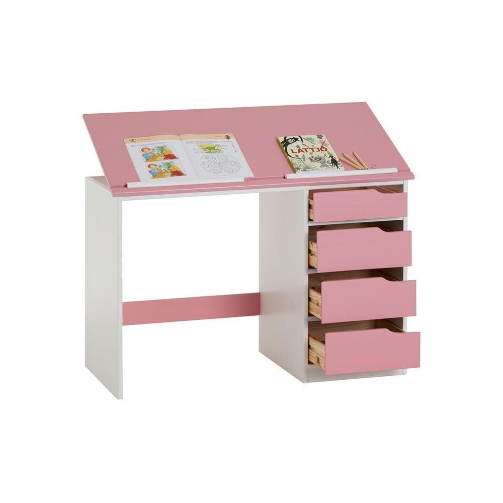 Bureau enfant EMMA en pin massif 4 tiroirs et plateau inclinable lasuré  blanc et rose - Chaise et bureau enfant - Meuble enfant - Meuble