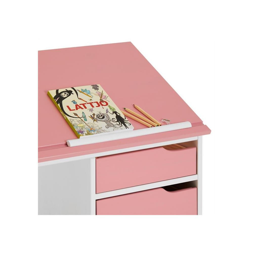 Bureau enfant EMMA en pin massif 4 tiroirs et plateau inclinable lasuré  blanc et rose - Chaise et bureau enfant - Meuble enfant - Meuble