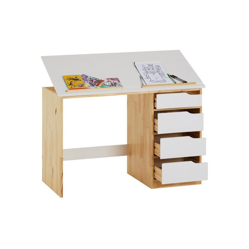 Bureau enfant EMMA en pin massif 4 tiroirs et plateau inclinable naturel et  lasuré blanc - Chaise et bureau enfant - Meuble enfant - Meuble