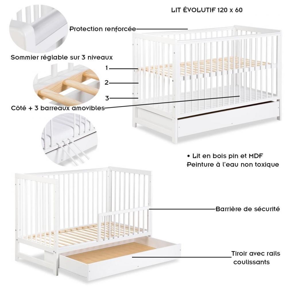 TIMI Lit bébé enfant à barreaux en bois avec sommier réglable 120X60 +  tiroir Blanc - Lit enfant - Meuble enfant - Meuble