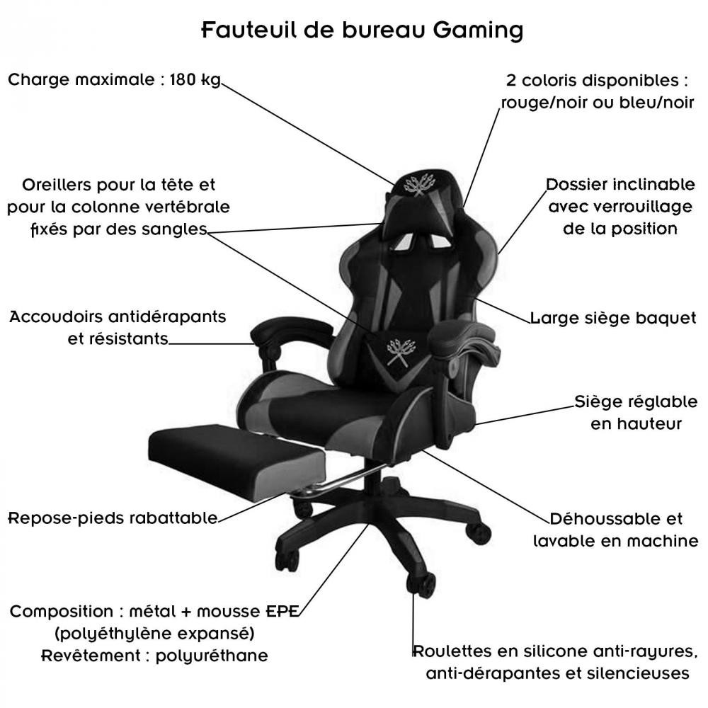 GAMER Fauteuil de bureau siège gaming dossier inclinable avec repose-pieds  - Rouge - Chaise de bureau - Bureau et entrée - Meuble