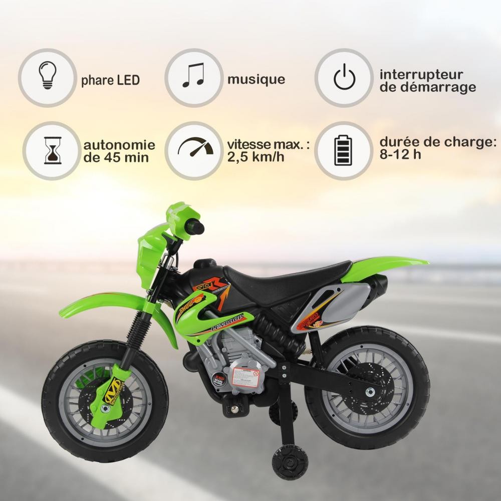 Moto électrique pour enfants au design cross et de couleur vert et